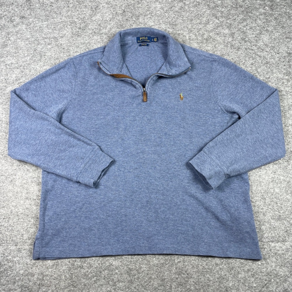 Polo Ralph Lauren Pullover Mens L Blue Estate Rib 1/4 Zip Pony Long Sleeve